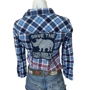 Save the Chubby Unicorns Plaid Flannel Shirt Kids XL Rhino Unique Rhinestones